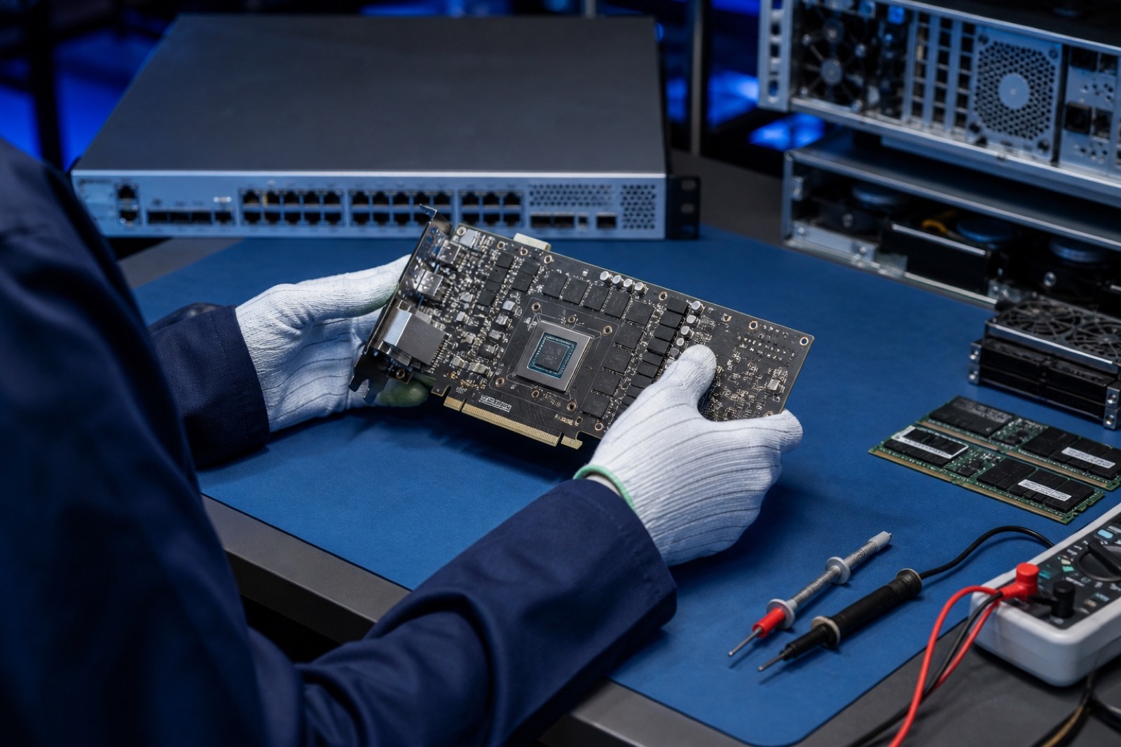 Technician inspecting an enterprise graphics card on an anti-static workbench